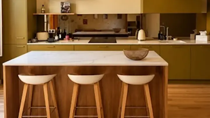 Cuisine vert olive avec îlot en bois et plan clair, sur un parquet en chêne