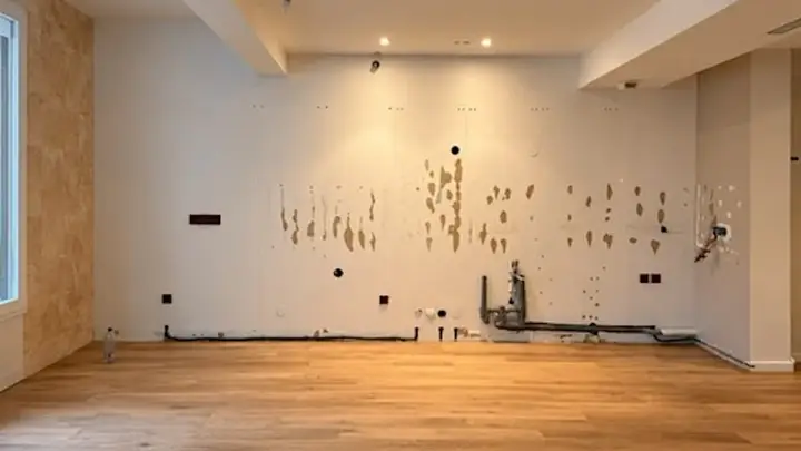 Mur de la cuisine avant travaux, marqué par l’ancienne installation