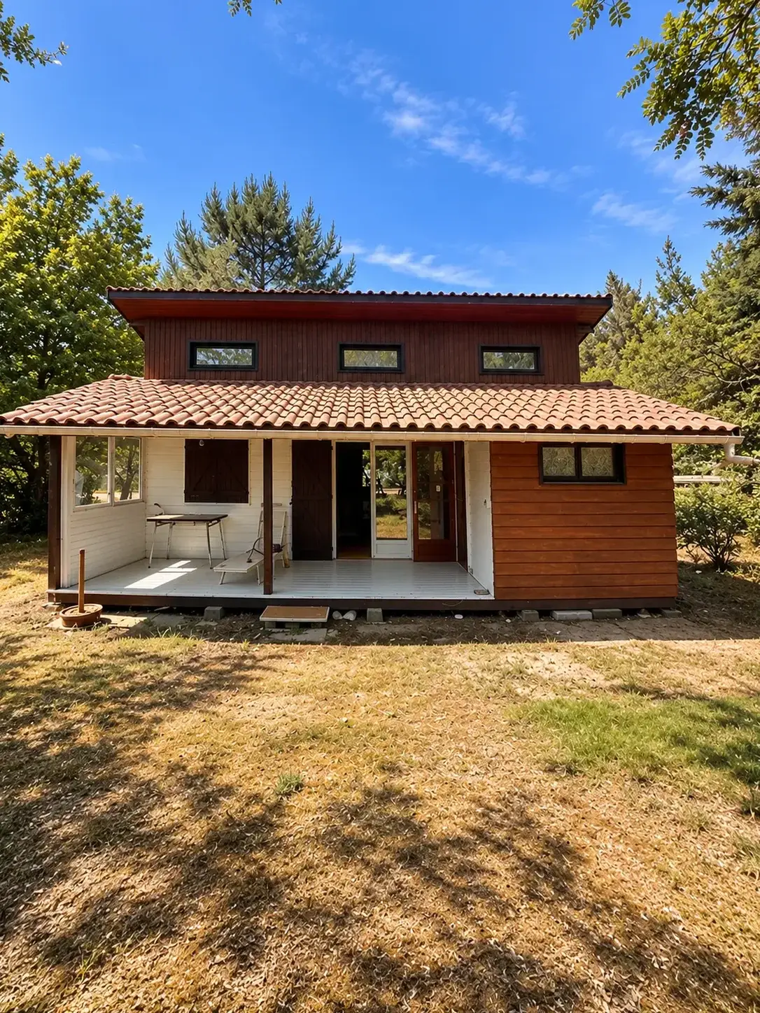 Façade de la maison avant peinture : bardage en bois brun et orangé
