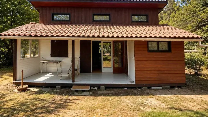 Façade de la maison avant peinture : bardage en bois brun et orangé